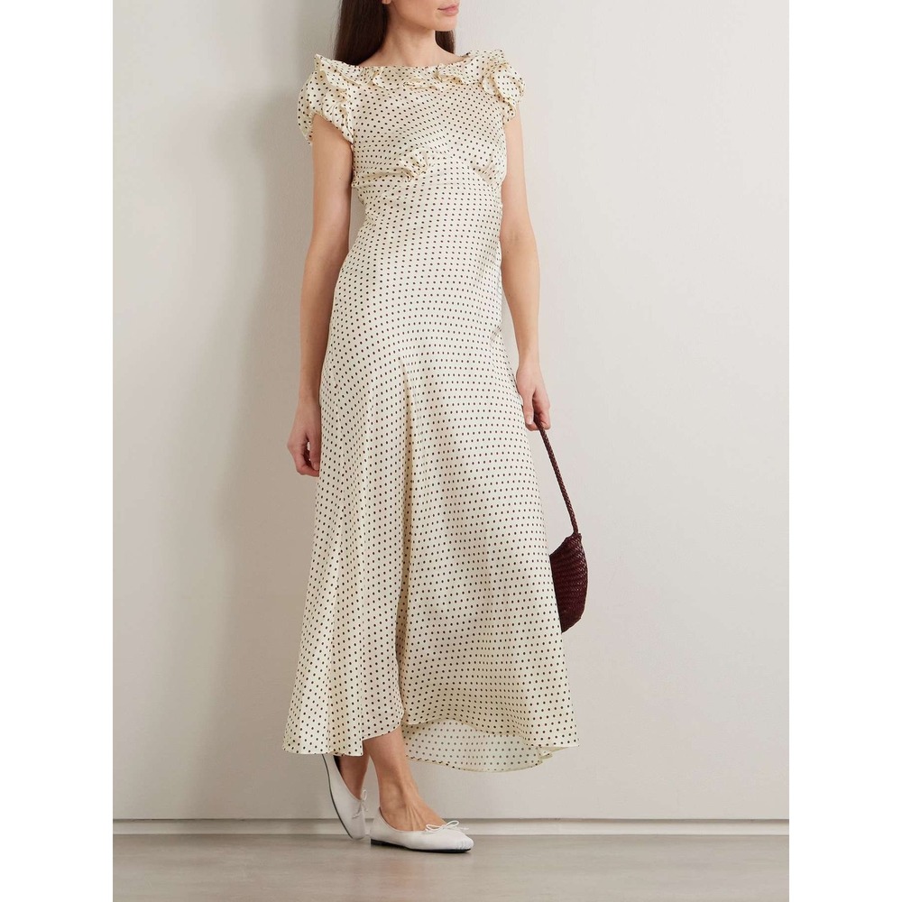 Doen Emerence Ruffled Polka-Dot Silk-Blend Twill Midi Dress Cream Burgundy L